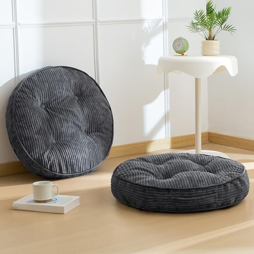 HIGOGOGO Floor Pillow Cushion for Adults, Meditation Cushion Pillow, Large Round Floor Sitting, Tufted Corduroy Cover, for Tatami Living Room or Yoga, 22x22 Inch, 2Pack, Dark Grey by HIGOGOGO - Used condition - US$36.33