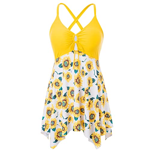 Hanna Nikole Traje de baño para mujer, talla grande, de una pieza con pantalón, para el abdomen, sexy, con ojo de cerradura frontal, vestido de baño, girasol, 44-46 grande