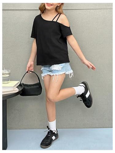 Girl's Off The Shoulder Tops Short Sleeve Loose Summer T Shirt Tops Trendy Cold Shoulder Tops4