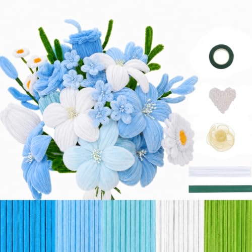 Image of YUNAMI Chenille Stems for DIY Flower Making - 200 Pcs Pipe Cleaners with Floral Wire, Tape, Stamen & Pearls - Premium Bouquet Supplies for Home Decor & Gifting (200, Blue)