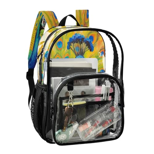 Peacock Oil Painter Clear Backpack - Stadium Approved Large 15.7-inch Waterproof Transparent Bag for Sports, Concerts, Work, Travel#3482