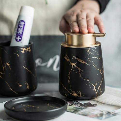Image of Ceramic Bath Accessories Set of 3 (Luxe Black) - 400ml Soap Dispenser, Tumbler & Soap Dish, Black with Gold Marble Design, Bathroom Countertop Organizer for washbasin