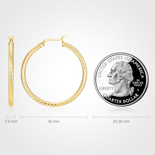 14 Karat Gold Earrings, 14K Gold Hoop Earrings for Women, 35mm Twisted Vermeil Hoops, Lightweight Hollow Earrings, Hypoallergenic Jewelry Gift, 14K Gold Plated 925 Sterling Silver2