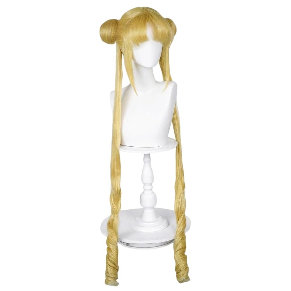 Blonde Welle Doppel Ponytail Perücke mit zwei kleinen Buns Herzförmige Bangs Lange Kostüm Haare für Frauen Halloween Cos Anime Party