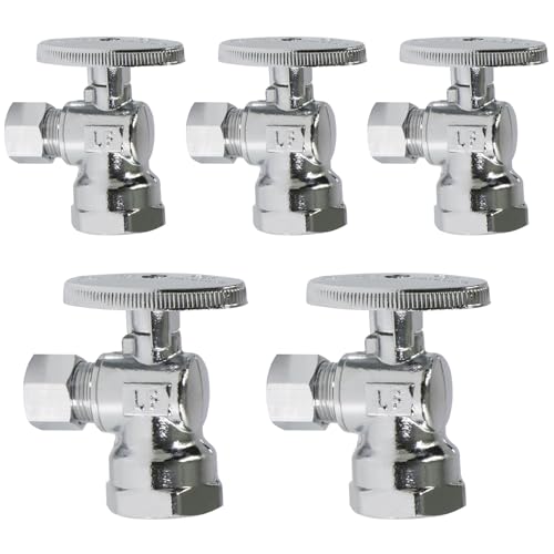 Image of Midline Valve 81112QS-OM-5 Water Supply Stop Valve with Quarter Turn Wheel; Angle Shut-off for Toilet, Sink, Dishwasher; 1 /2'' FIP x 3 /8'' Compression; Chrome Plated Brass (5 PK)