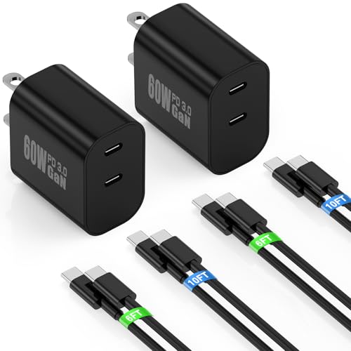 Image of Dual Port Type-C Fast Charger 60W(in total) for Samsung Galaxy S26 Ultra, 6 /6 /10 /10FT PD3.0 USBC Fast Charging Cable /Cord for Galaxy S26 S25 S24 S23 S22 Plus,Android Phone, iPhone 17 /16 /15 Pro Max,Tab