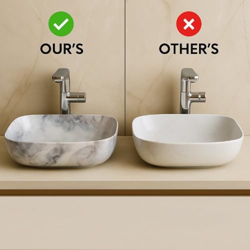 Image of Ceramic Tabletop Wash Basin - Glossy Rectangular Countertop Vessel Sink with Marble Finish for Bathroom & Vanity | Compact 18 x 13 x 5 Inch | Elegant Washbasin