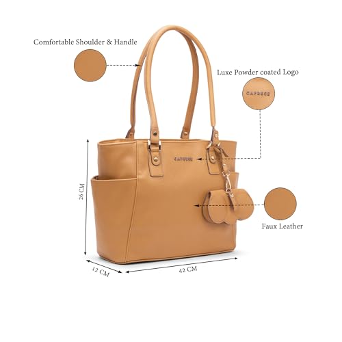 Image of Caprese Lexi Medium Tote Bag for Women | Solid Faux Leather Shoulder Handbag with Zipper Closure | External Eyewear /Sunglass Charm Case | Stylish Bag for Office & Everyday Use