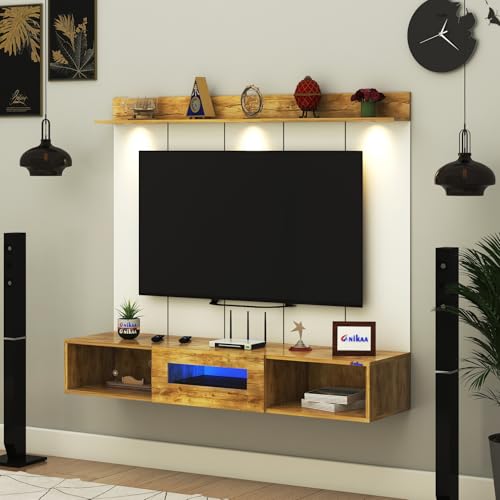 Image of Anikaa Novus PVC Back Panel Wall Mounted TV Unit with Spot & Blue Ambient LED Light - Acrylic Storage Box, Display Shelf & Soft-Close Hinges | Ideal for UP to 50 Inch TV (GiantWood - DIY Installation