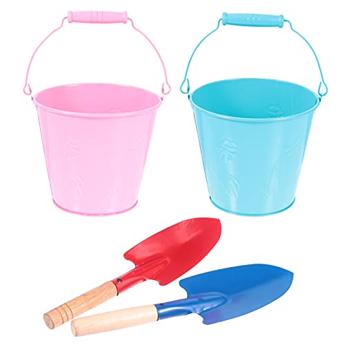 TOPBATHY 4Pcs Kids Beach Buckets and Sand Shovels Set Candy Color Iron Water Bucket for Beach, Camping Gear, Beach Party, Camping and Fishing