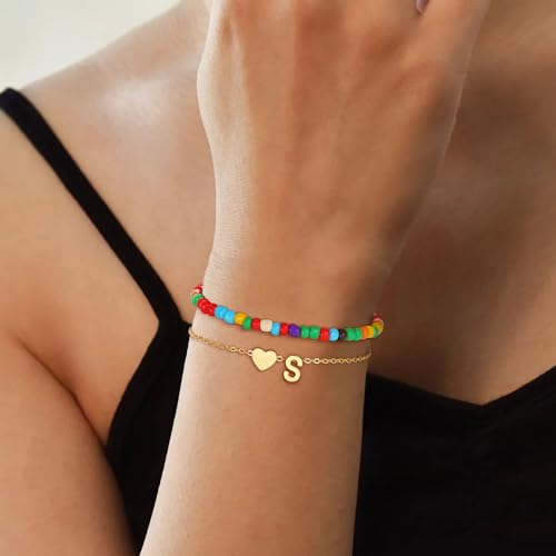 Colorful Initial Bracelets for Women Girls - 14K Gold Plated Heart Letter Bracelets Cute Bohemian Summer Jewelry Birthday Gifts for Teen Girls Back to School Gifts4