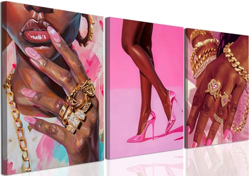 Black Girl Wall Art Set of 3 Pink Fashion Black Woman Canvas Wall Decor Pictures African American Women Paintings Home Decor Posters Prints for Living Room Bedroom Bathroom 12x16Inch Framed by Marllifenney - Used condition - US$29.69