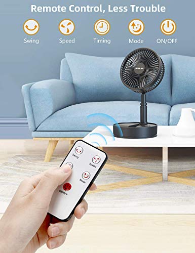 OPOLAR 2021 8-Inch Rechargeable Foldaway Fan, Battery Operated Pedestal Fan with Remote Control, Oscillating, Stretchable, Timer, 4 Speeds, 7200mAh Table Fan for Home, Camping, Outdoor and Office