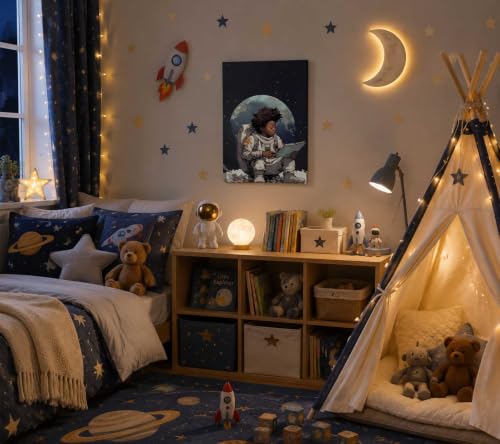 Image of Black Boy Reading The Moon Canvas Wall Art African Americans Painting Picture Wall Decor Inspirational Books For Black Boys Poster Print Artwork For Teen Living Room Study Home Decoration 12x16in