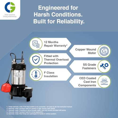 Image of CGSTP005F | STP -II | 0.37kW /0.5 HP| Sewage Submersible Pump | Rust Free CED Coated Component | 100% Copper Winding | SS Grade Fasteners & SS Shaft | Overload Protection | Float Switch | 1Yr Warranty