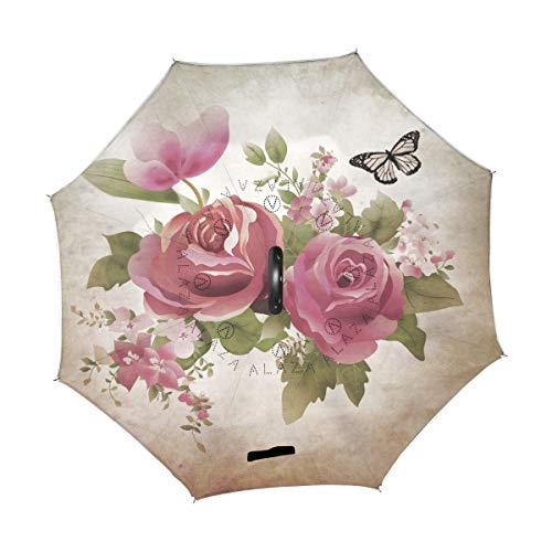 Mrmian Vintage Rose Flower Floral Butterfly Windproof Inverted Open Close Reverse Rain Umbrella Inside Out Quality Waterproof Parasol Upside Down Stick Shelter With Hook C Handle #TOP1