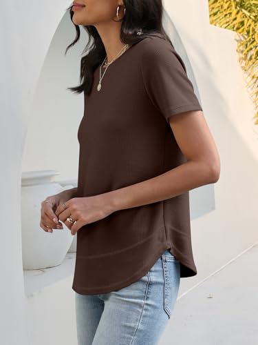 Image of ANRABESS Womens Waffle Knit Tops Short Sleeve Crewneck Shirts Curved Hem Summer Dressy Casual Blouses Spring Fashion Clothing