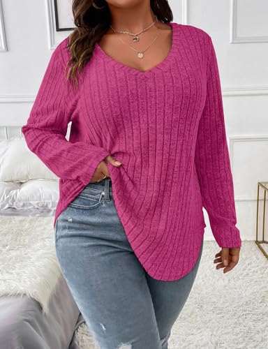 Image of Koscacy Women Plus Size Casual Knit Sweater V Neck Solid Color Tops Lightweight Long Sleeve Blouses
