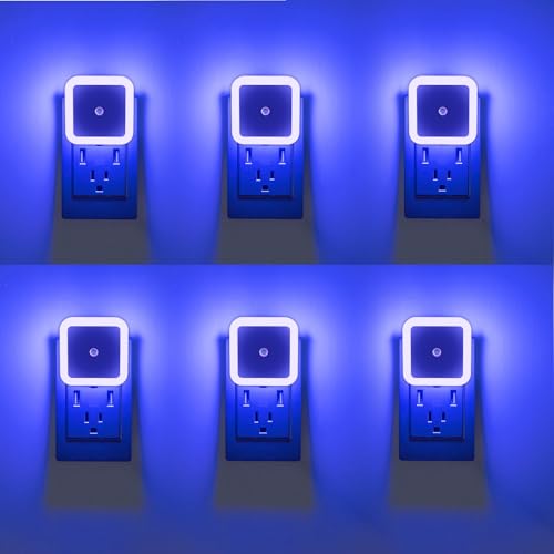 6 Pack Blue LED Night Light Plug in Dusk to Dawn Sensor Automatic On and Off Energy Efficient Soft Glow Kids Nursery Bedroom Bathroom Hallway Stairs Kitchen