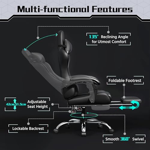 Sedia Gaming Ergonomica Massaggiante Reclinabile con Poggiapiedi Poggiatesta e Supporto Lombare Braccioli Imbottiti in Finta Pelle, Poltrona Gamer da Scrivania con Ruote Girevole Nero - Sedia gaming - Immagine 3