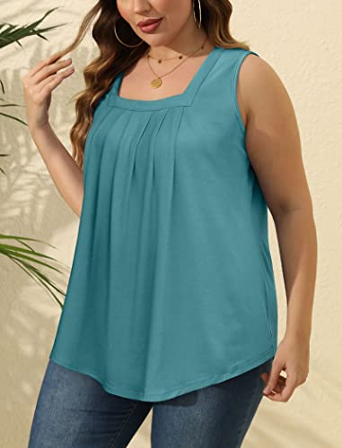 Image of Saloogoe Summer Tank Tops for Women Loose Fit Pleated Square Neck Sleeveless Tops Curved Hem Flowy