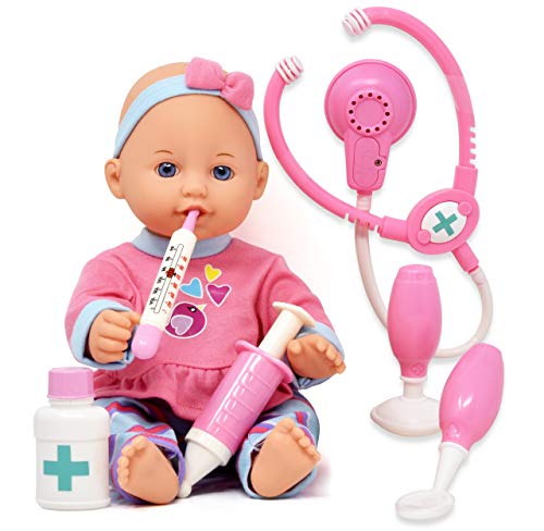 Pretend Play Medical Set, Baby Doll Doctor Kit for Kids Includes 12 Inch Doll, Talking Stethoscope, Thermometer, Needle, Medicine Bottle, Stick and Hammer-Complete Accessories for Toddlers Boy Girl