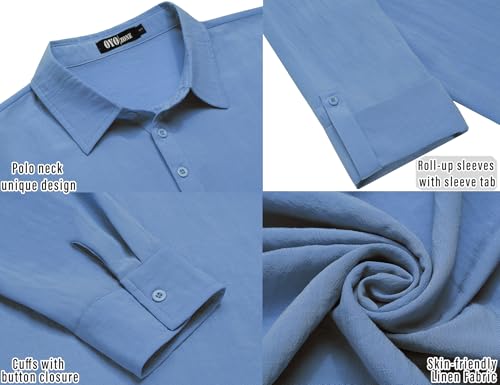 Mens Linen Polo Shirts Long Roll-Up Sleeve Casual Summer Beach Vacation Hippie T-Shirts4