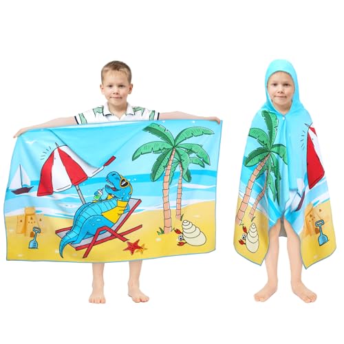 decalsweet Toalla Infantil con Capucha 100% Algodón, Toalla de Playa de Microfibra, Grande Suave Absorbente Toalla de Baño Poncho Toalla Piscina Infantil Niño y Niña 127 x 76 cm(Dinosaurio de Playa)