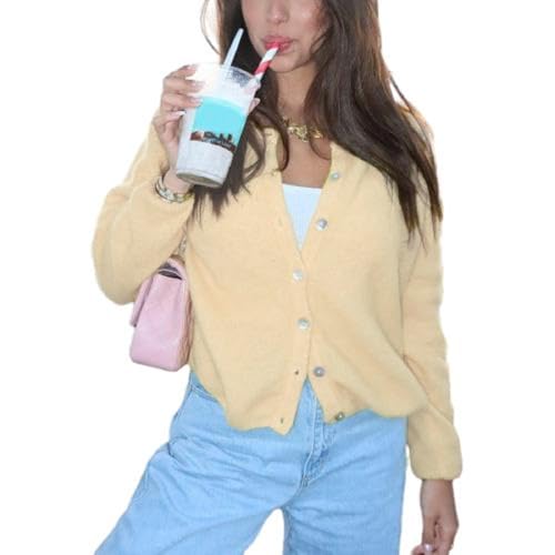 Image of Women Button Down Cardigan Long Sleeve Crewneck Sweater Vintage Lightweight Knit Jacket Fall Going Out Top