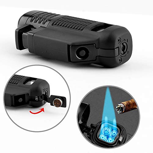 Yusud Torch Lighter, Butane Refillable Lighter with Punch Cutter, New Turbo Quadruple Jet Flame Design with Gas Tank Window, Unique Birthday Gift Idea for Man