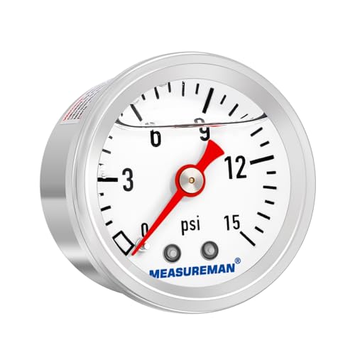 MEASUREMAN 1-1/2" Dial Size, Glycerin Filled Fuel Pressure Gauge, 304 Stainless Steel case, 0-15Psi, 3-2-3%, 1/8" NPT Back Mount