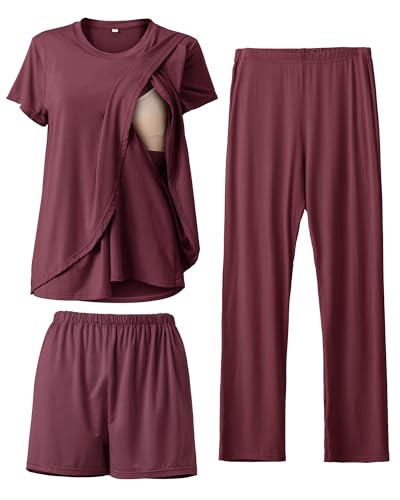 SUNNYBUY Conjunto de pijama de lactancia de 3 piezas, para postparto, casual, suave, pijama de maternidad, ropa de dormir, ropa de salón, capa de ropa, Morado, rojo, M