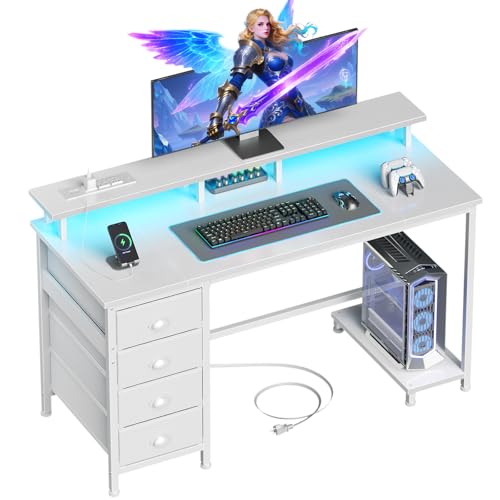 Furologee 47' White Computer Desk with 4 Fabric Drawers & Monitor Stand, Gaming Desk with Power...