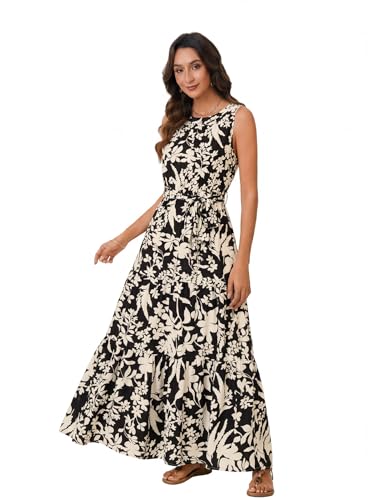 Image of Rooscier Women's Sleeveless Boho Maxi Dress | Halter Neck Print Tiered A Line Beach Dresses