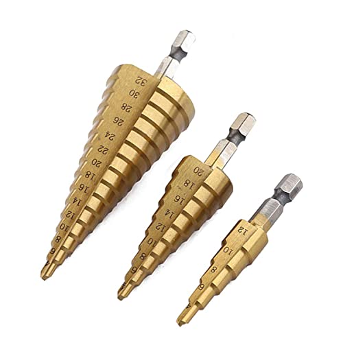 HSS Stufenbohrer 3 Stück Hex Shank Stufenbohrer Schritt Schälbohrer für Edelstahl Kunststoff Metall 4-12/4-20/4-32mm Kegelbohrer Schälbohrersatz Set Cover