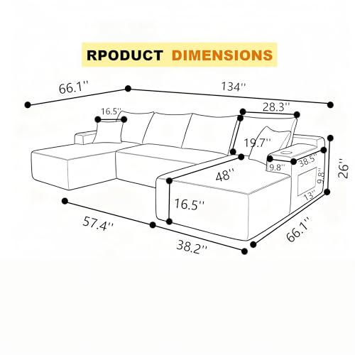 Image of 133 inch Modular Sectional Sofa Couch, Boneless Cloud Couches for Living Room, Oversized Corduroy U Shaped Cloud Sectional Sofa with CupHolders and Storage, No Assembly Required, Beige