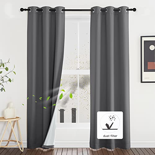 NICETOWN Grey Filter Mountain Fires, Sandstorms, Smog Curtain Panels, 2 Pieces, 34 x 84 inch, 100% Blackout Noise Insulation Air Purification Drapes f