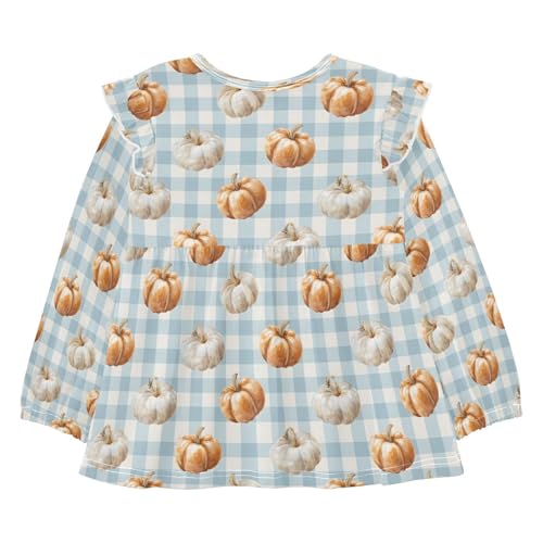 Pumpkin Light Blue Check Girls Shirts Cotton Long Sleeve Ruffle Toddler Tee Tops2