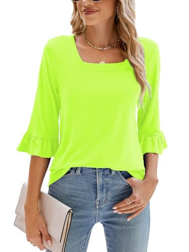 Poetsky Fall Tops for Women 3/4 Flutter Sleeve T Shirts Dressy Casual Loose Fit Tunic Blouses Neon Green XL