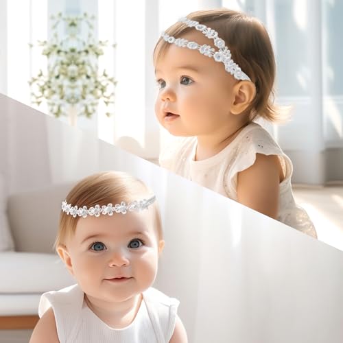 2 Pack Baby Girl White Flower Christening Headbands with Cute Tulle Pearl Hair Strap Elastic Headband, Soft Turban Hair Accessories Set of 2, for Newborns Infants Toddlers