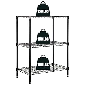 3-Tier Storage Shelves Adjustable,Wire Shelving Heavy Duty Storage Rack(150 Lbs Loading Capacity/Shelf) Metal Shelf Organizer Wire Rack Shelf for Pantry Garage Kitchen 23″ D x12 W x 30″ H -Black