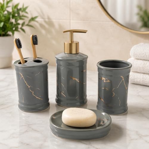 Image of Whizzo Ceramic Bathroom Set - Italian 4 Piece Bath Accessories Set with Soap Dispenser, Toothbrush Holder, Tumbler & Soap Dish - Modern & Designer Decor for Home & Guest Bathrooms (BS-822-GREY)