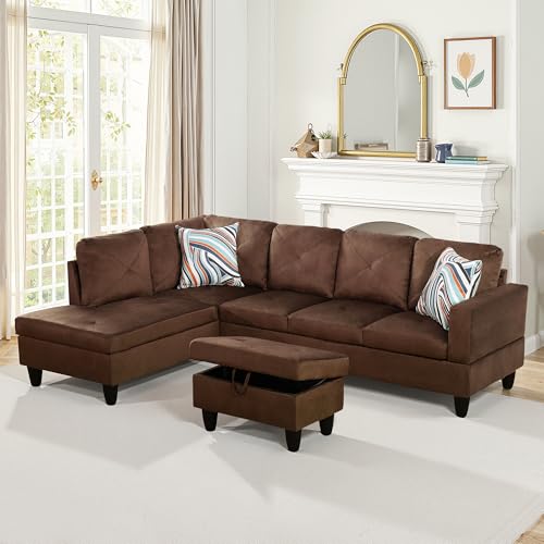 Osparple L Shaped Couch Sectional Couches for Living Room Upholstered Microfiber 3 Pieces Modular Sectional Sofa with Chaise, Ottoman with Storage for Living Room and Small Apartment, Brown