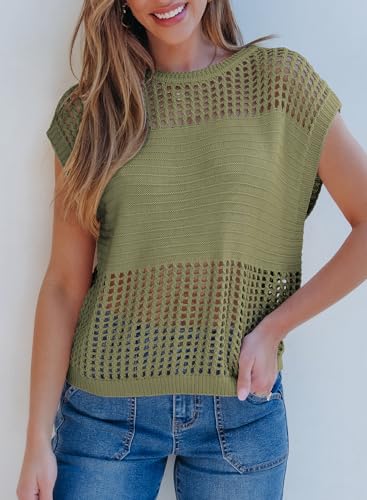 EVALESS Womens Tops Casual Summer Cap Short Sleeve Crochet Hollow Out Knit Sweater Vest Pullover T-Shirts Beach Coverup2