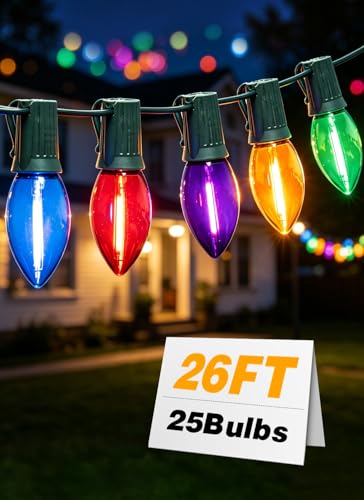 Formosa 26FT Upgraded Version C9 Christmas String Lights Transparent Multicolor LED Low Heat UL Listed Commercial Grade Ideal for Outdoor Use Xmas Tree Holiday Party & Bedroom Decor