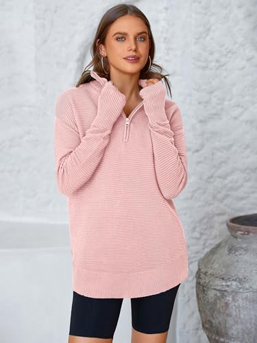 Image of PRETTYGARDEN Womens Long Sleeve Quarter Zip Pullover Sweater | Casual Loose V Neck Sweaters with Thumb Hole, Collared Ribbed Knit Jumper Tops, Oversized Tunic Tops, Fall Outfits 2026