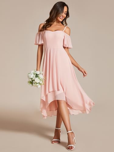 Image of Ever-Pretty Women's Summer Cold Shoulder Hi-Lo Asymmetrical Hem Flowy Chiffon Short Wedding Guest Dress 02103
