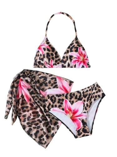 Image of SEGT Girl's 3 Piece Striped Bikini Swimwear Cute Swimsuits Bathing Suit High Waisted with Cover Up Beach Skirt