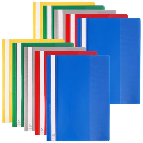 Carpetas de Plástico Tamaño A4, Lot de 10 Camisas de Láminas A4, Carpeta de Plástico con Tapa Transparente y Perforación Lateral para Oficina y Escuela, 5 Colores Surtidos(2 Por Color)