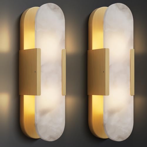 Image of Alabaster Wall Sconces Set of 2,19.7'' Brass Wall Sconce Natural Marble Wall Sconce for Bathroom, Indoor Modern Wall Light Fixtures for Living Room Hallway Stairs Vanity Bedside, Gold